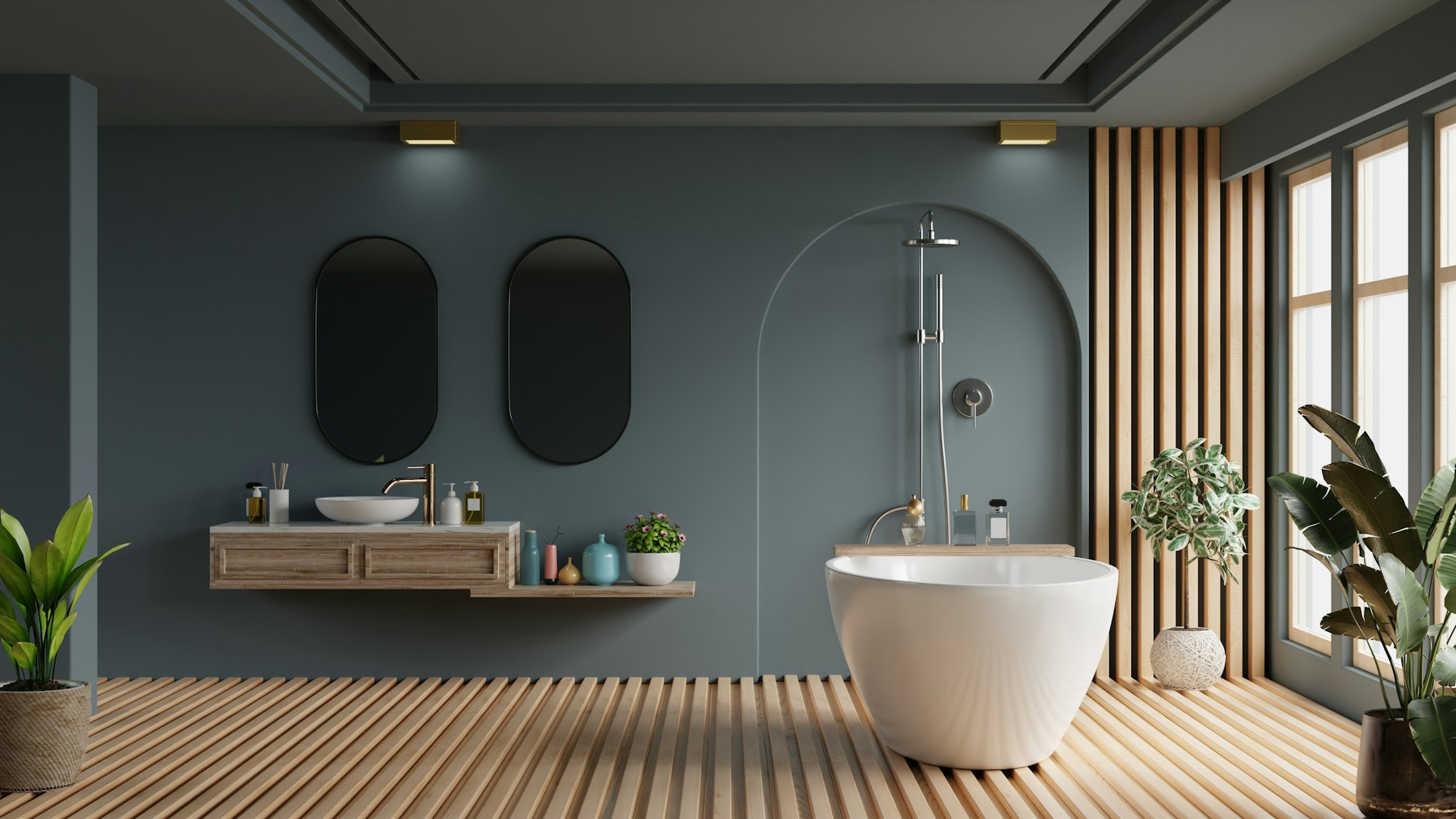 Modern bathroom interior design,bathroom with blank dark blue wall